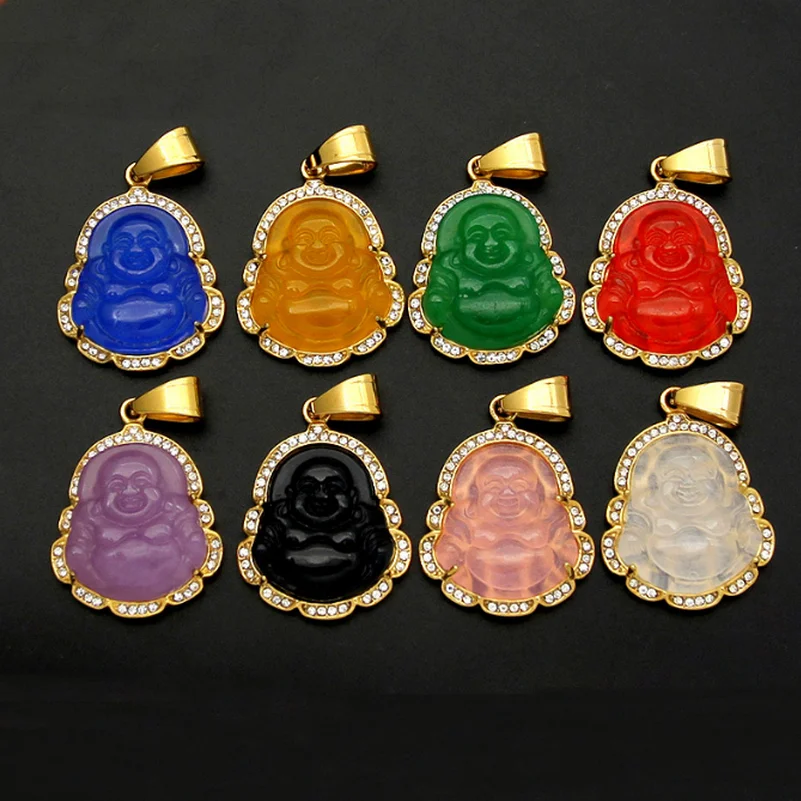 Stainless steel Malay chalcedony Maitreya Buddha pendant, large belly Maitreya Buddha pendant
