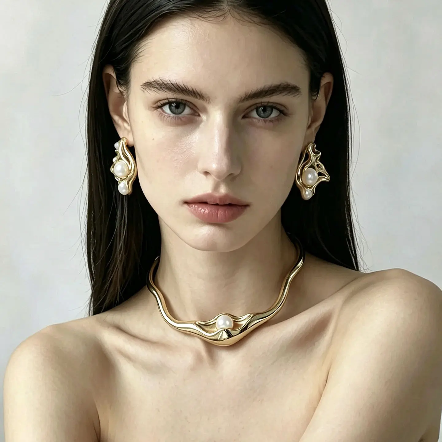 Niche Metal Pleated Irregular Geometric Pearl Necklaces Earrings Rings American Style Jewelry Luxury Statement Party Accessories