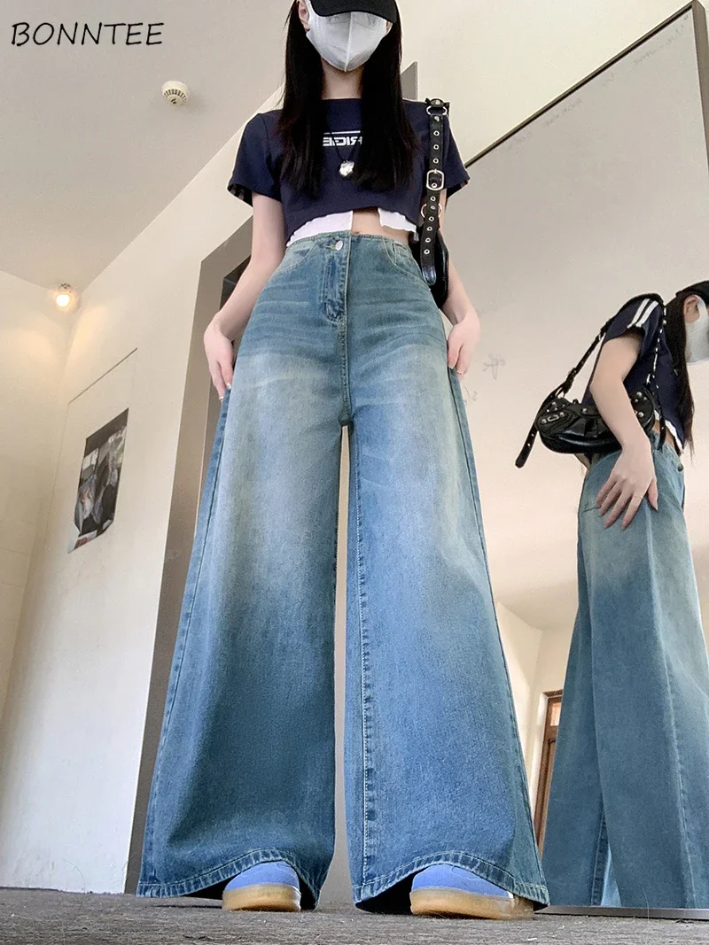 

Blue Denim Jeans Women Vintage High Waist Wide Leg Trousers All-match Baggy Autumn High Street Fashion Design Pockets Creativity