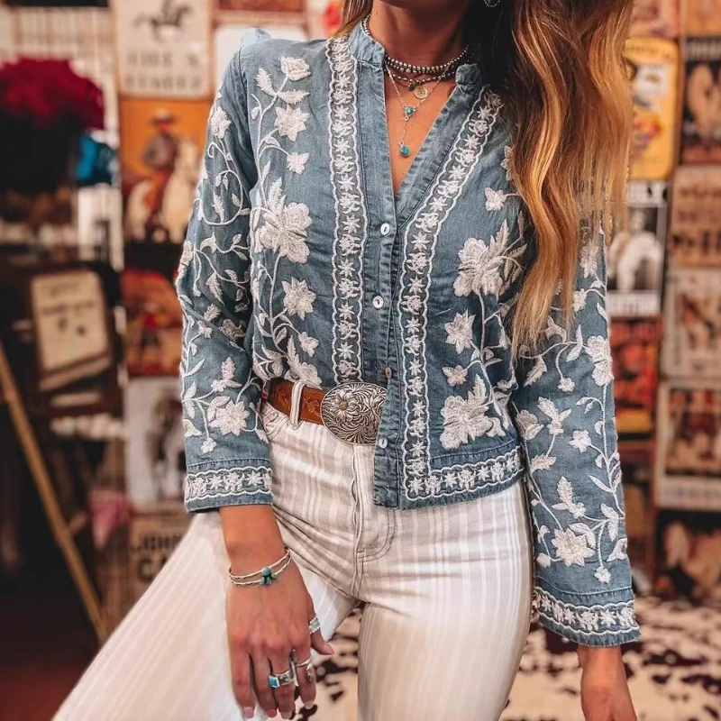 

Autumn 2025 Women's Embroidered V-neck Button Long Sleeve Top