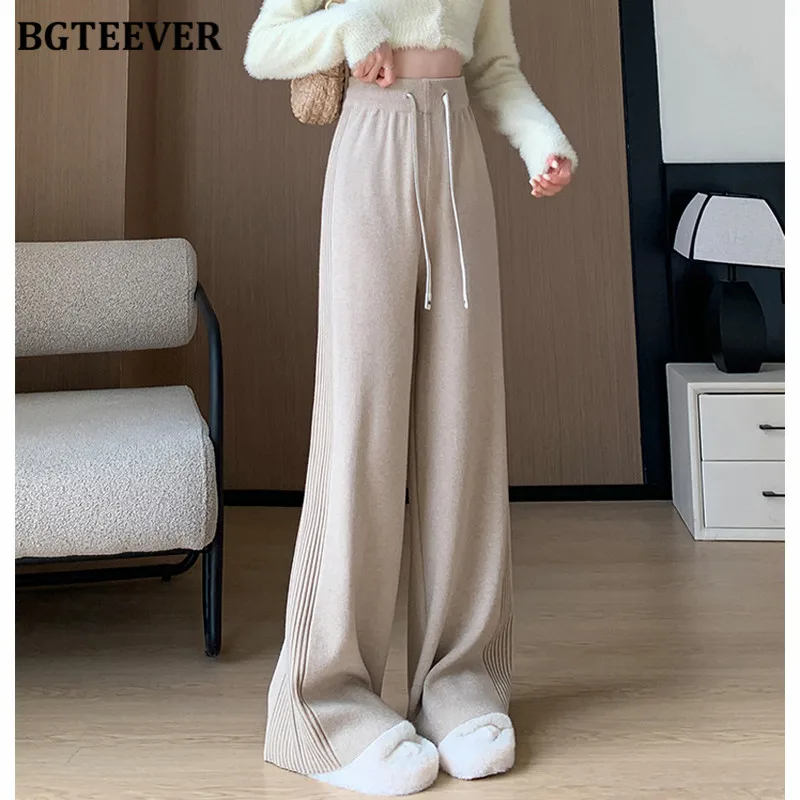 BGTEEVER Chic Casual Loose Floor-Length Women Solid Knitted Pants Fashion High Waist Lace-up Female Wide Leg Sweaters Trousers