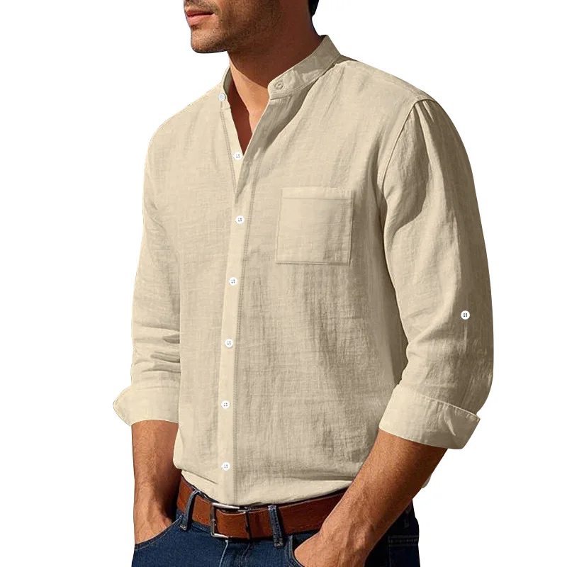 

Men's Linen Long Sleeve Shirt Stand Collar Chinese Style Casual Shirt with Pocket, Breathable Summer & Spring Top