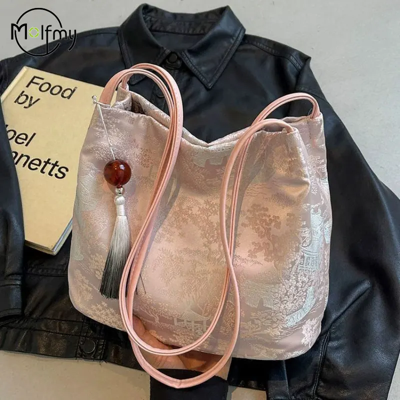 

Женские сумки на плечо, новый темперамент в китайском стиле, элегантная расширенная сумка-тоут в стиле ретро, модные универсальные сумки большой вместительности