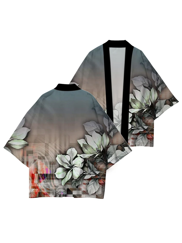 Japanese Kimono Yukata Samurai Kimono Flower Printed Shirt Clothing Harajuku Cardigan Men's and Women's Traditional Haori Kimono