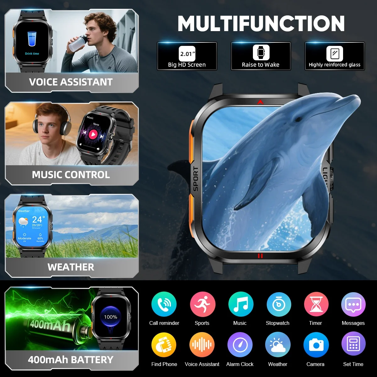 LIGE Fashion Military Smart Watch Men Flashlight 3ATM مقاوم للماء في الهواء الطلق الرياضة المقتفي معدل ضربات القلب بلوتوث دعوة الرجال Smartwatch