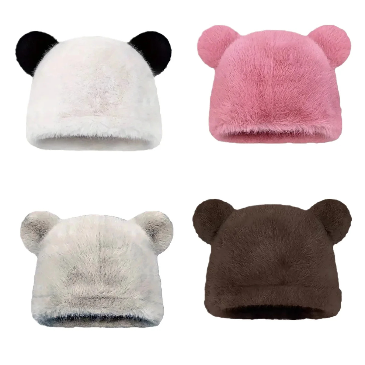 

Winter Solid Cute Bear Ears Beanies Hat Adult Soft Plush Faux Fur Thicken Women Outdoor Ear Protection Hat Female Skullies Hat