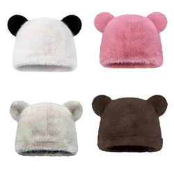 Winter Solid Cute Bear Ears Beanies Hat Adult Soft Plush Faux Fur Thicken Women Outdoor Ear Protection Hat Female Skullies Hat