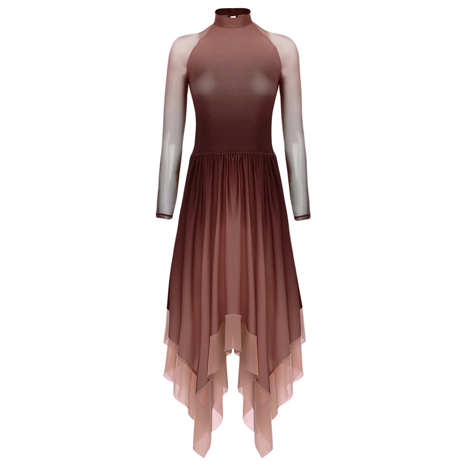 

Womens Figure Skating Dance Outfit Lyrical Dance Dress Mesh Long Sleeve Asymmetrical Dance Leotard Dress Contemporary Dancewear
