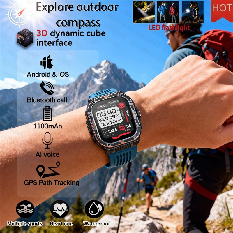 

1100mAh Military Outdoor Smart Watch Men 2.01-inch Large Display Compass Sports Watch IP68 Waterproof Bluetooth Call Smartwatch