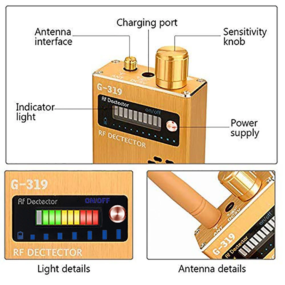 G319 kamera tersembunyi Anti mata-mata, Detektor kamera tersembunyi nirkabel 1.2GHz & 2.4GHz & 5.8GHz Radio RF pencari sinyal GSM Audio Bug pemindaian tiga antena G619