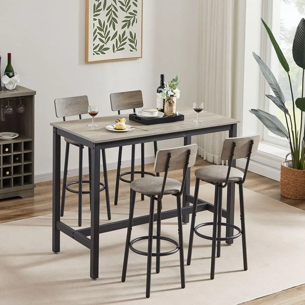 

Bar Table Set for 4 with 4 PU Upholstered Stools, Pub Bistro Dinning Table and Stools with Backrest,