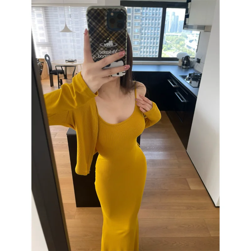 

Pure Desire War God ow Body Long Sve Wrap around Strap Dr Yellow Long Dr Outer Slim Fit Long Sve Cardigan Set