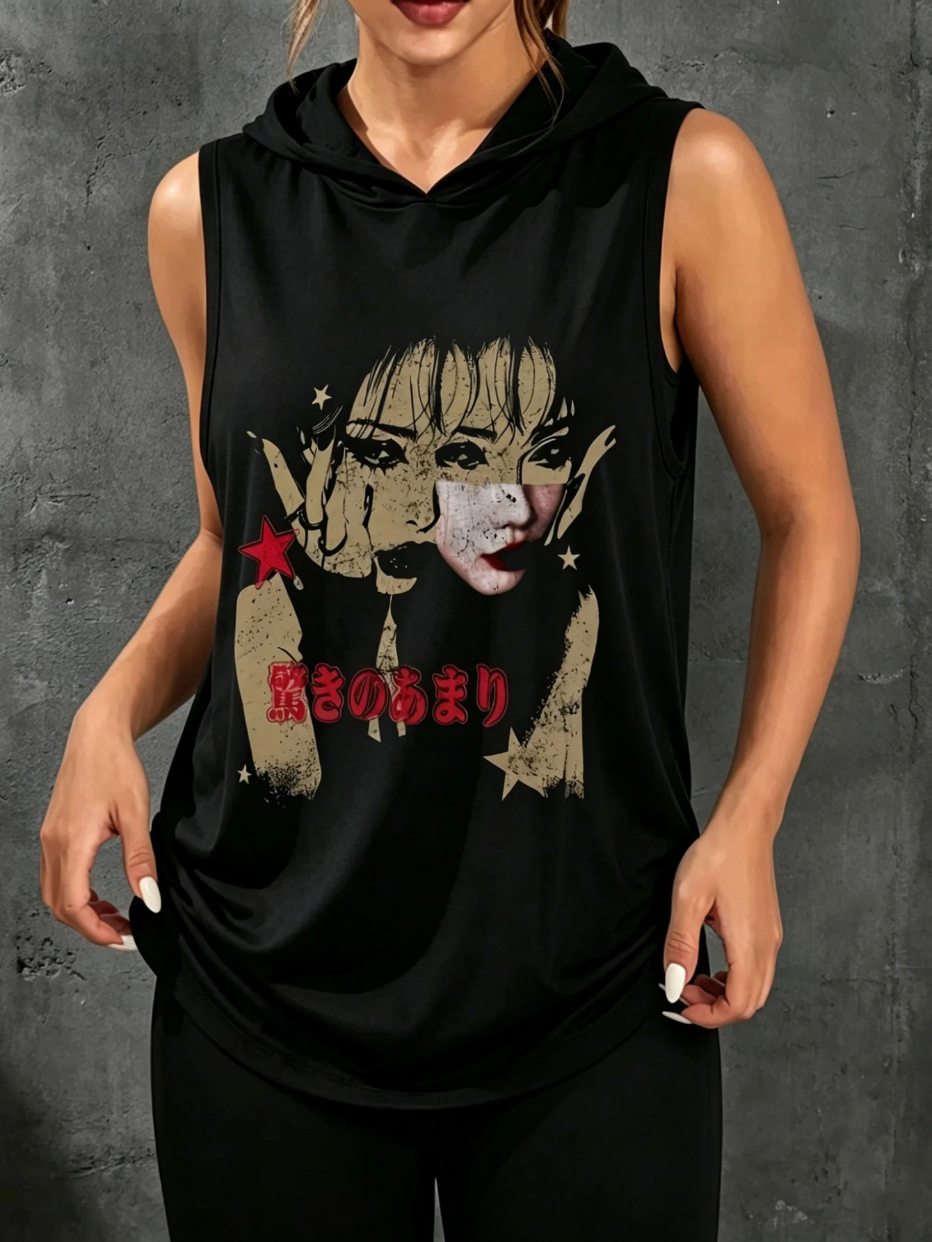 Vintage Japanese Girl Portrait Red Star Graphic Sleeveless Hooded Tank Top Unisex Grunge Kanji Print Dark Aesthetic Harajuku Streetwear Sleeveless Hood Tank For Men Women