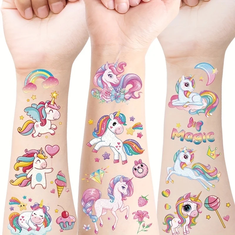 12 feuilles de tatouages temporaires licorne pour enfants, mignons tatouages licorne arc-en-ciel imperméables, fournitures pour fêtes d'anniversaire