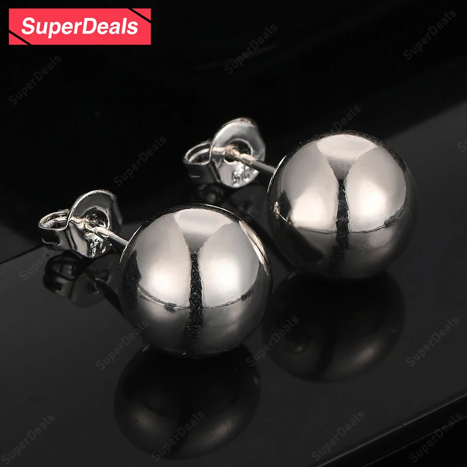 

SuperDeals 10mm 925 Sterling Silver Smooth Round Stud Earrings Fashion Jewelry Women Wedding Accessories Christmas Party Gift