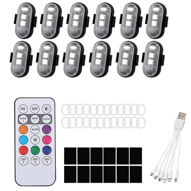 Ferngesteuertes 12-teiliges kabelloses 8-Farben-LED-Stroboskop-Lichtset, RGB-Warnleuchten für Autos, Motorräder und Drohnen