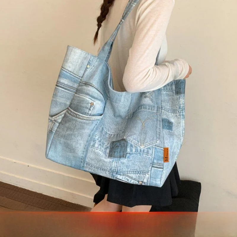 Trendy Denim Tote Bag Women's Large Capacity Commuter Single Shoulder Armpit Lazy Style Tote Bag Casual Daily Handbag