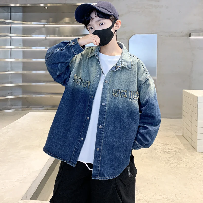 Kids Boys Autumn Jeans Coats Fashion Turn Down Collar Single-Breasted Denim Jacket Long Sleeves Children Gradient Outerwear 5-14