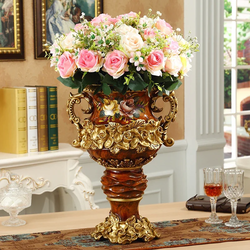 European Hotel Lobby Floor Large Vase Resin Crafts Fengshui Home Room Decoration Fake Flower Arrangement Ornaments Wedding Gifts