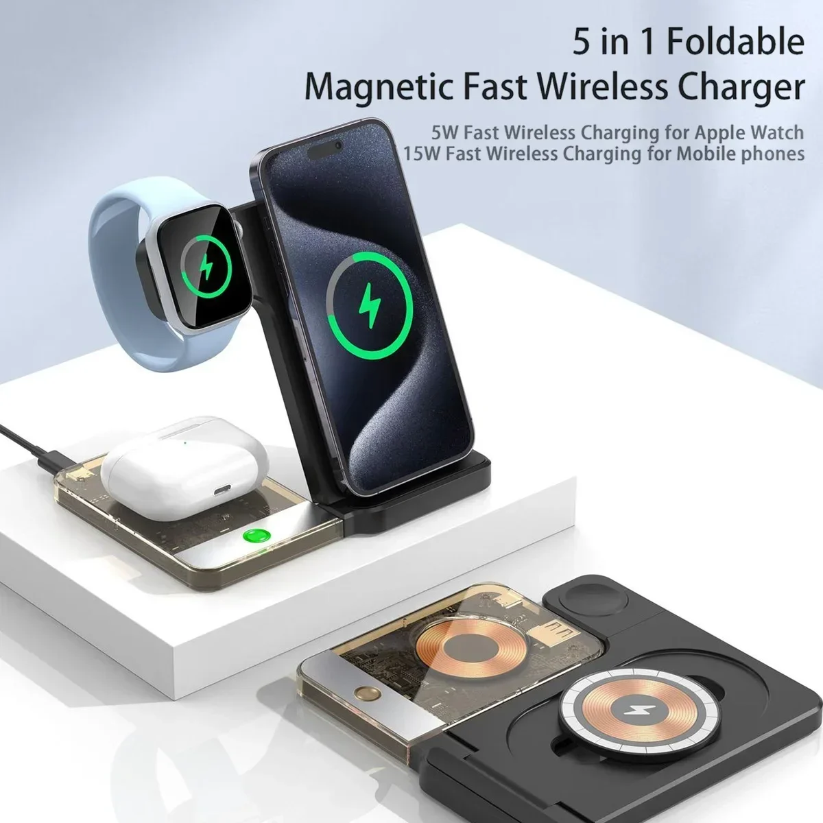 STONEGO 15W Magnetic Wireless Charger Stand Magsafe For iPhone 15 14 13 12 Pro Max Airpods Apple Watch 8 7 Fast Charging Station