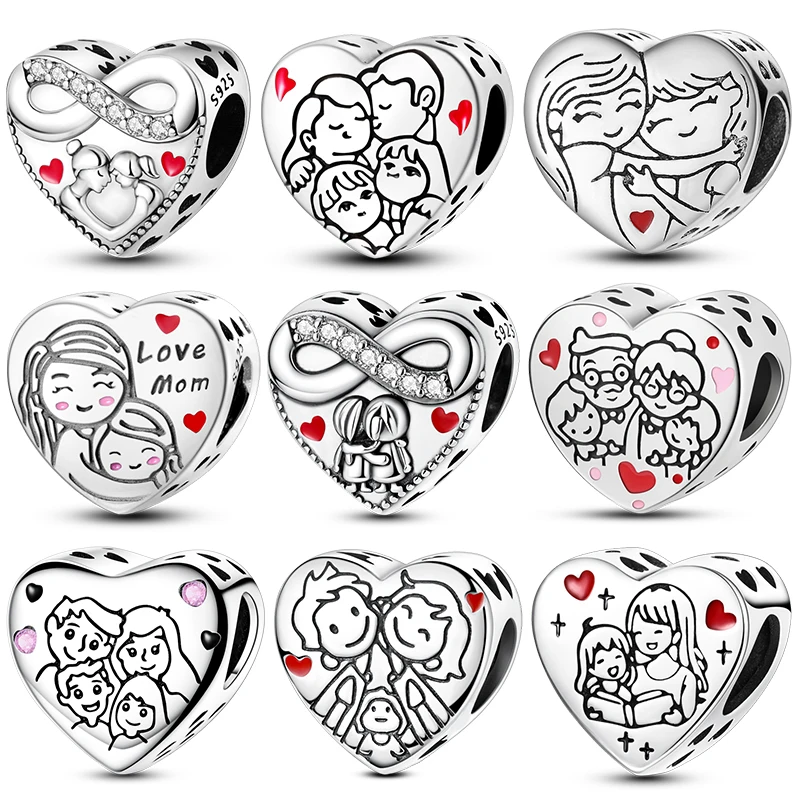 Hot Sale Family Heart Charm Beads Mom Kids Dangle Charms Fits 3mm Bracelet Necklace For Women Pendant Luxury DIY Jewelry Making