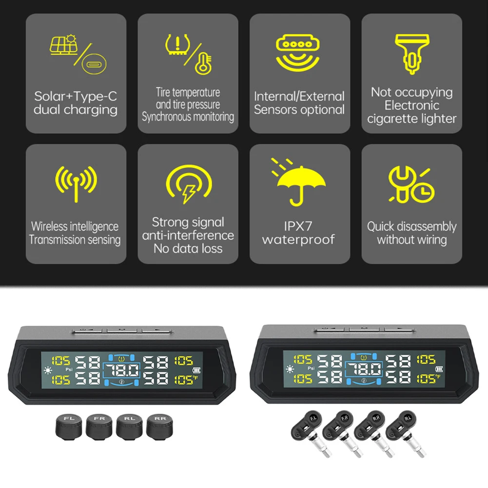 

Solar/USB Powered Wireless TPMS with 4 Sensors Tire Pressure Monitor System IPX7 Waterproof for RV Sedan SUV Truck