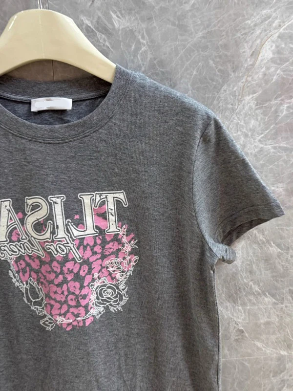 ay Rose Print Letter Kasual ort Sve T-irt Wanita Faion Ele Sle Commute Sle round Ne ort Length