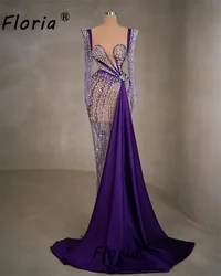 Luxury Crystals Beaded Dubai Evening Dress Long Sleeves Side Tail Purple Formal Occasion Dress vestidos para eventos especiales