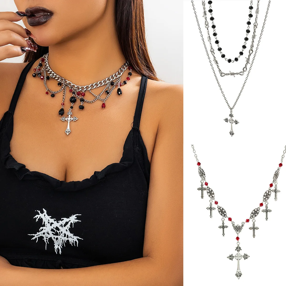 Choker Necklace Multi Layer Cross Pendant Blood Drop Tassel Thorns Gothic Vintage Premium Black Metal Jewelry Women