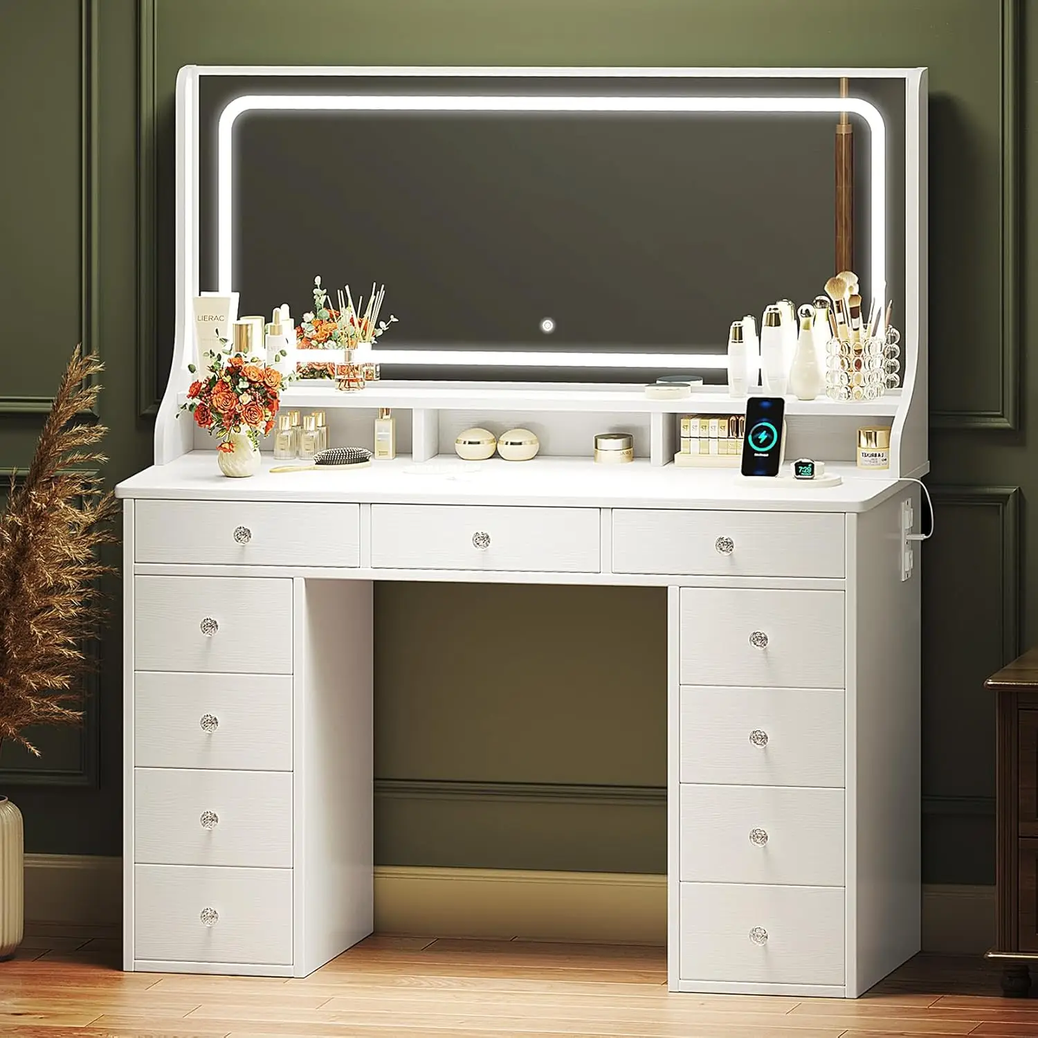 

46.5'' Makeup Vanity Desk with 11 Drawers and Large Mirror, Dressing Vanity Table with Adjustable 3 LED Lighting Modes