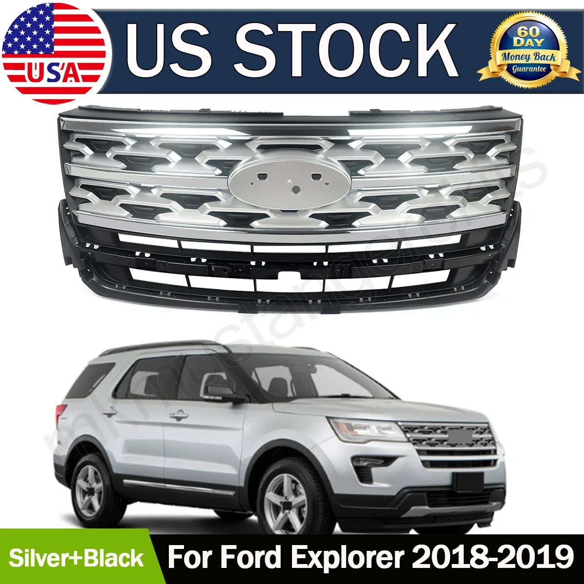 

Front Bumper Upper Grille Grill Factory Silver&Black For Ford Explorer 2018 2019