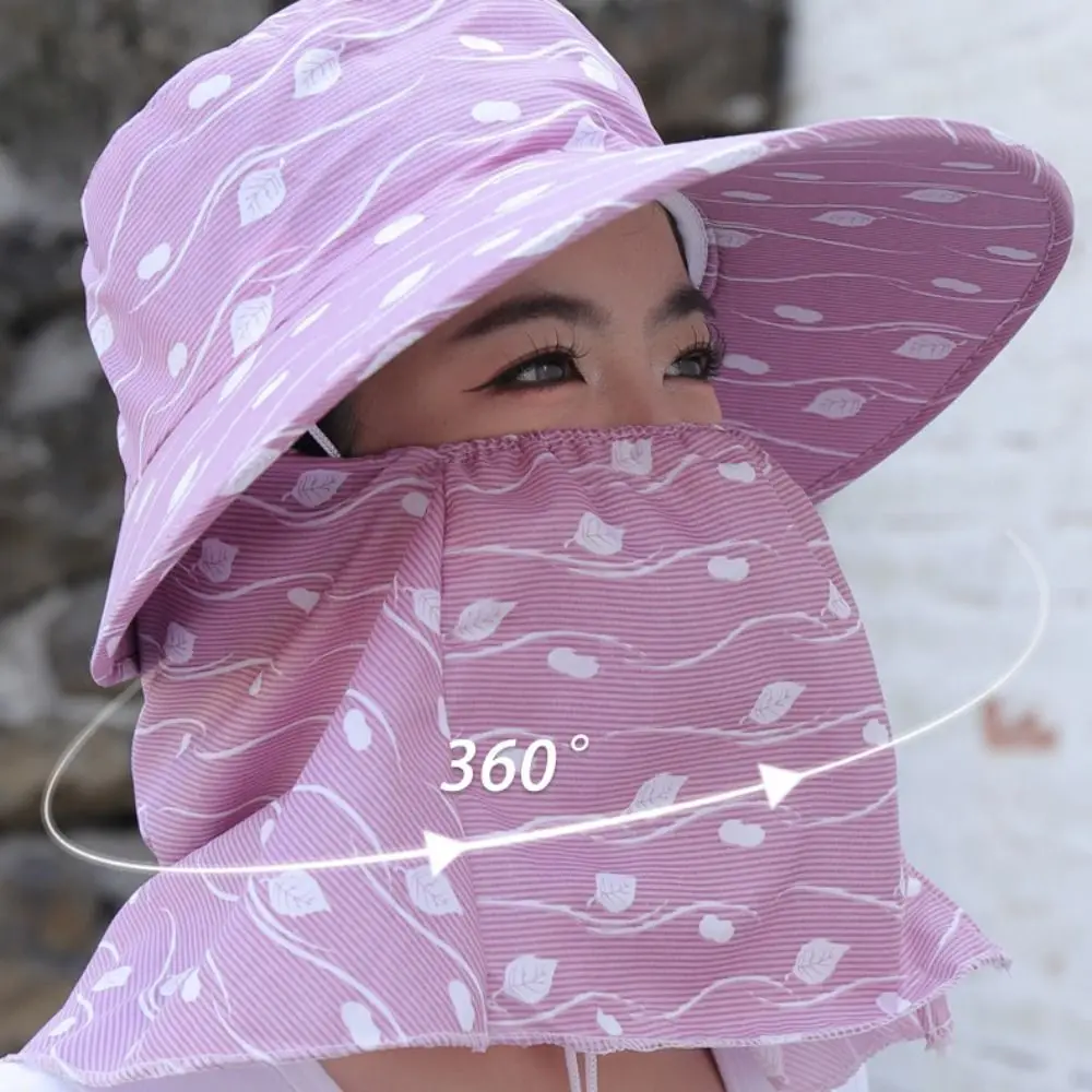 Casual Leaf Print Women Sun Hat Neckline Mask Face Mask Sunscreen Bucket Hat Climbing Cap Farm Work Cap Cover Face Cap Riding