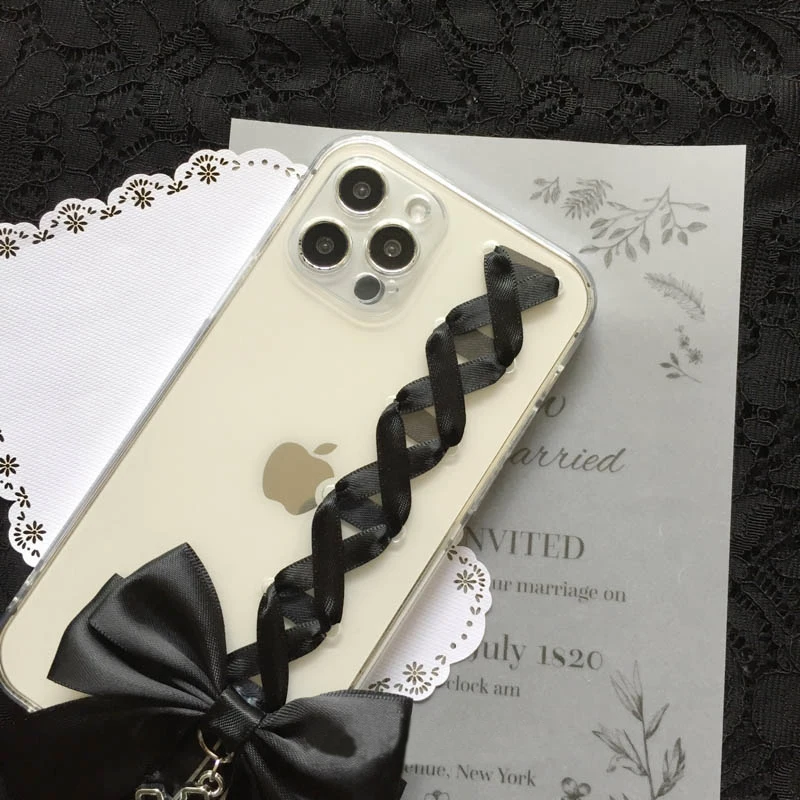Jiraikei Black Big Ribbon Transparent Phone Case iPhone 14 15 16 Pro Max Plus XS X XR Galaxy Custom Soft Cover