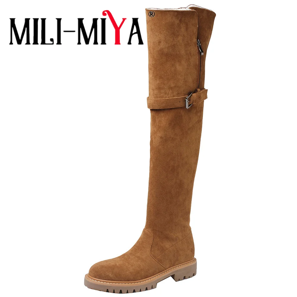 

MILI-MIYA Fashion Blue Color Women Denim Over The Knee Boots Round Toe Thick Heels Plus Size 34-41 Dress Party Shoes Handmade