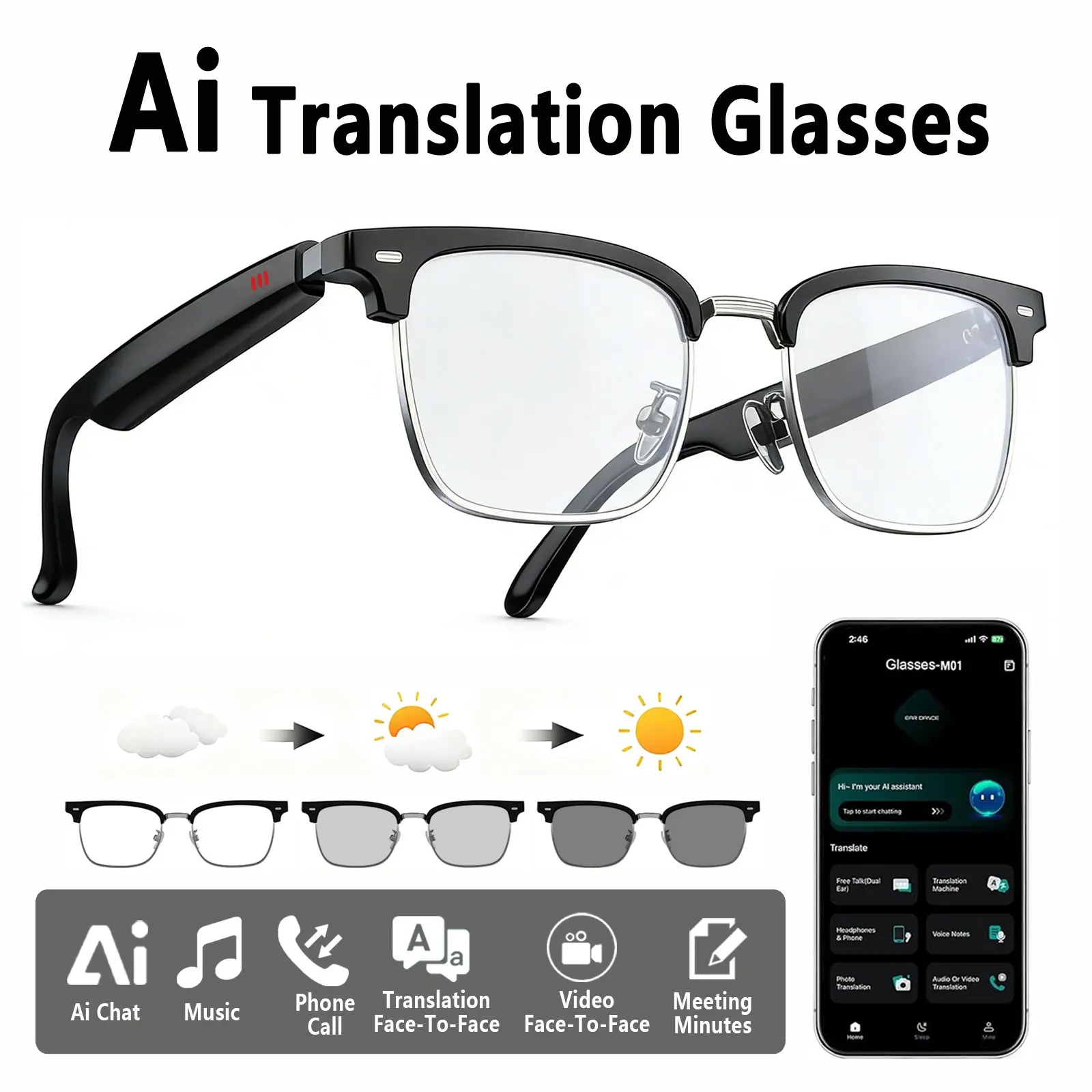 

Аудиоочки, очки для перевода, воспроизведение музыки, телефонные звонки, перевод через приложение, фотохромные линзы, сенсорное управление.