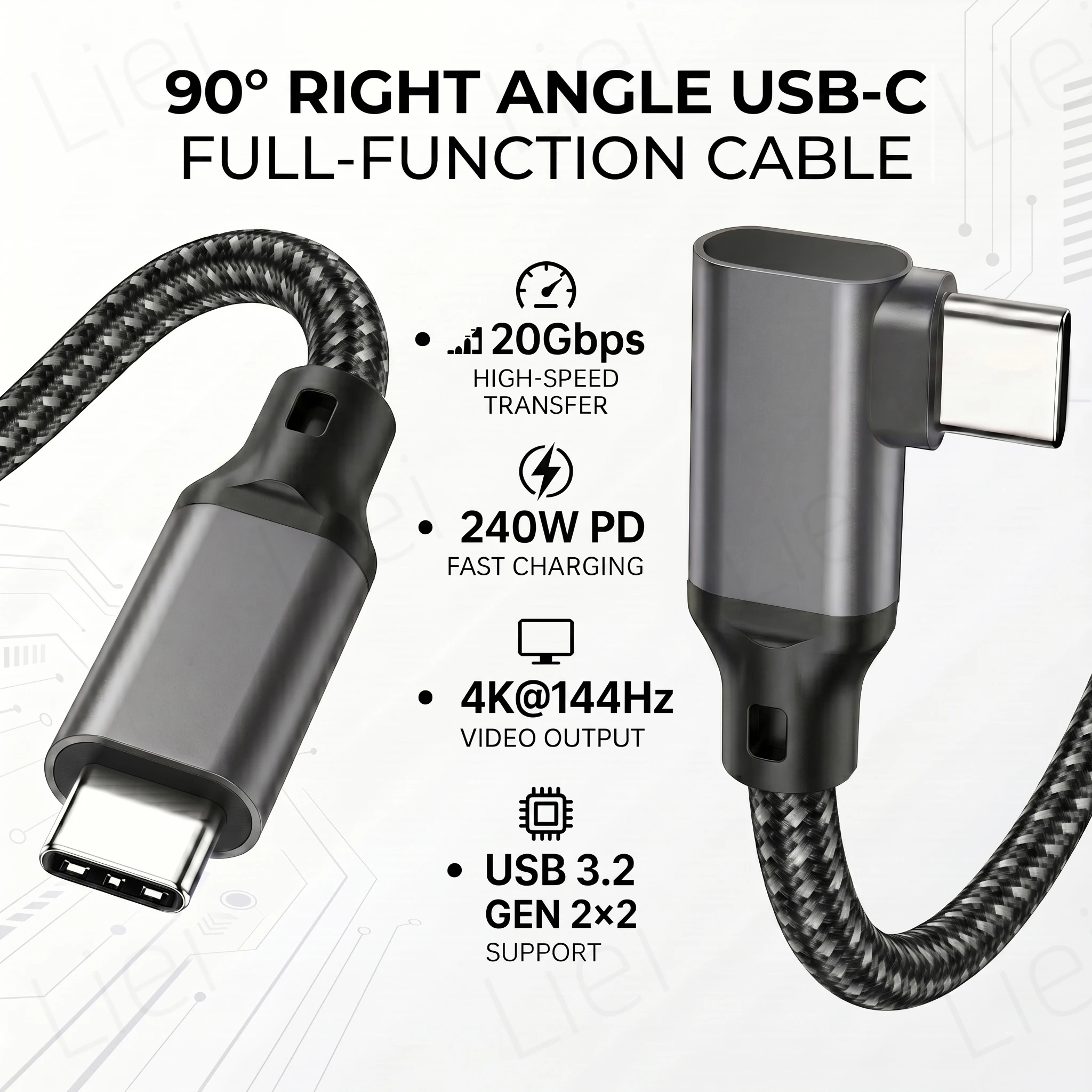 Cabo de Monitor 20Gbps 5K/4K, Cabo de Dados USB Tipo C em L com Ângulo de 90 Graus °   Transferência de Dados USB3.2 Gen2x2 com Carregamento PD de 240W