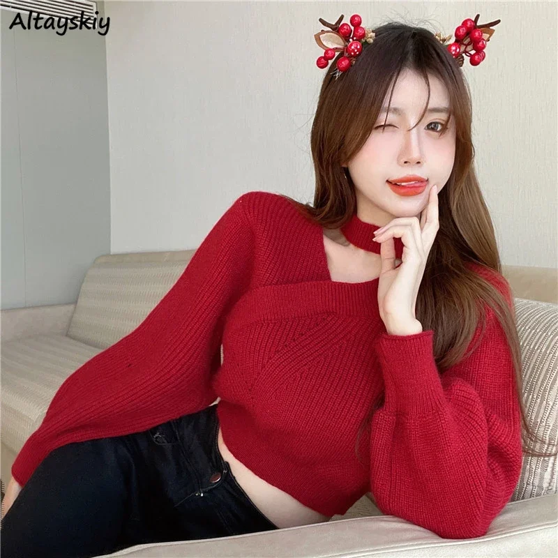 

Crop Sweaters Women Knitted Autumn High Waist Irregular All-match Design Pullovers Fashion Daily Temper Korean Style Slouchy