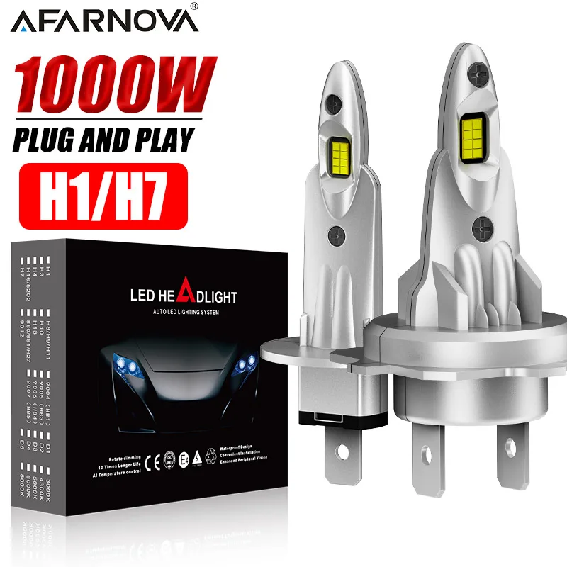 

2PC H1 H7 Мини-светодиодные лампы для фар 1000000LM 1000W Автомобильная лампа высокой мощности 6000K 1:1 Plug&Play Беспроводная CANBUS для автомобильных фар 12V