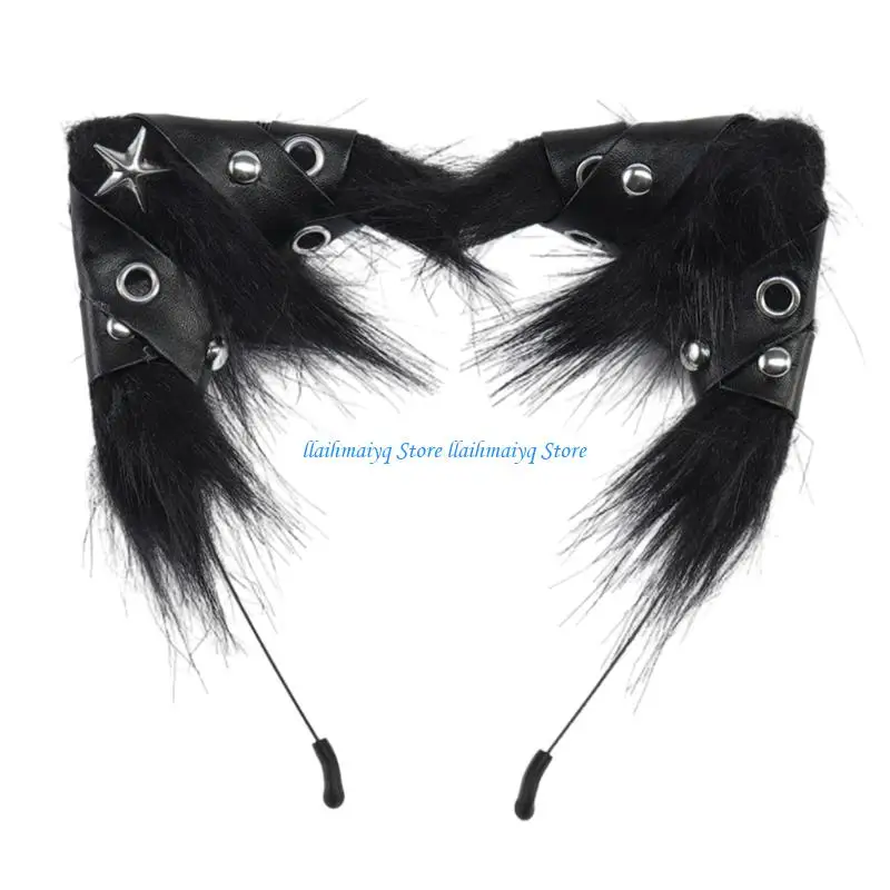 573B Handmade Faux Furs Cats Wolf Foxes Dog Ears Headband Halloween Cosplay Costume