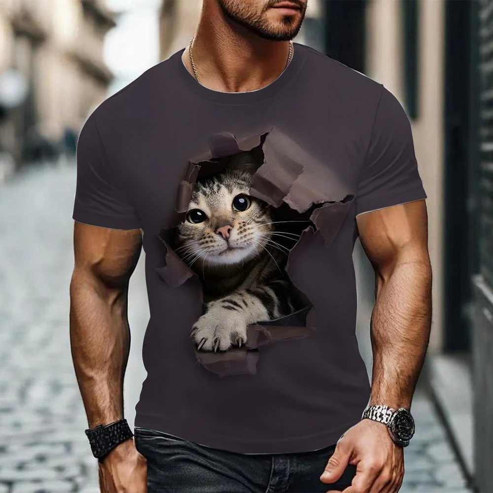 

Funny 3D Cartoon Cat Pattern Men's T Shirt Casual Round Neck Short Sleeve Tops Summer Breathable Loose Tees Fashion Men Clothing