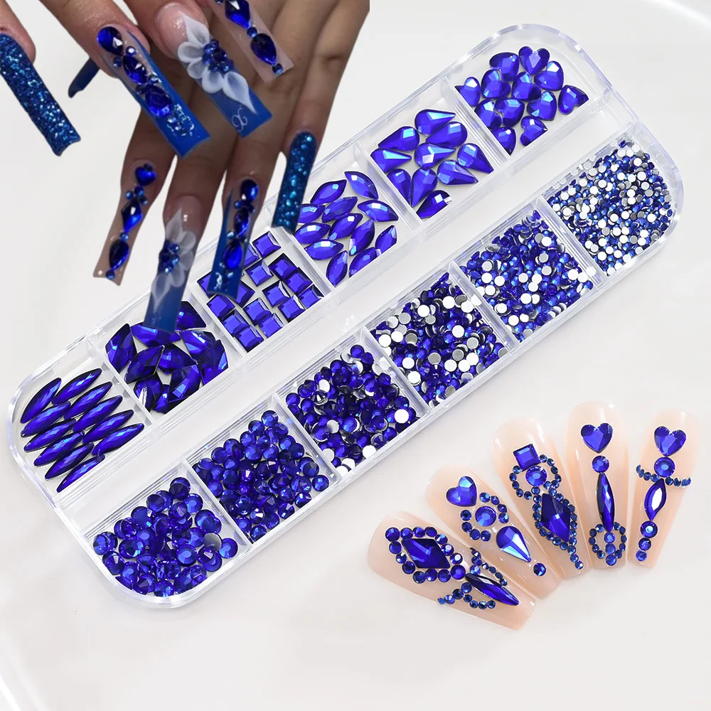 

12 сеток, 3D сапфировые синие стразы для дизайна ногтей, смешанные 7 форм, стеклянные бриллианты с плоской задней частью, украшения для ногтей, аксессуары для маникюра «сделай сам»