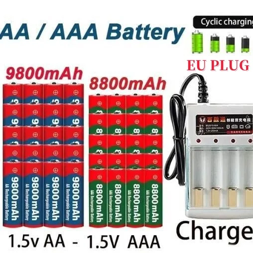 1.5V Rechargeable Battery, AAA 8800Mah+AA 9800 Mah, Plus Charger Set Alkaline Technology, Suitable for Remote Control,shaver