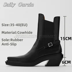 Cowhide Buckle Decoration Stretch Chelsea Boots Black Classic All-Match Lady Modren Boots Square Toe 6CM Heel Casual Boots