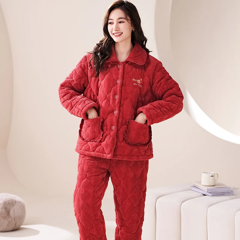 Winter Women Pajamas Set Three Layer Clip Cotton Pijama Female Thick Turn-down Collar Sleepwear