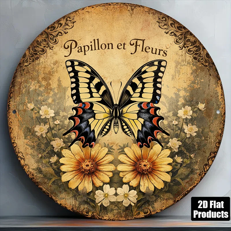 2D Flat, 1pc 8x8 Inch / 20x20cm 2D Flat Round Aluminum Sign, Vintage Butterfly and Floral Aluminum Plaque, Papillon Et Fleurs De