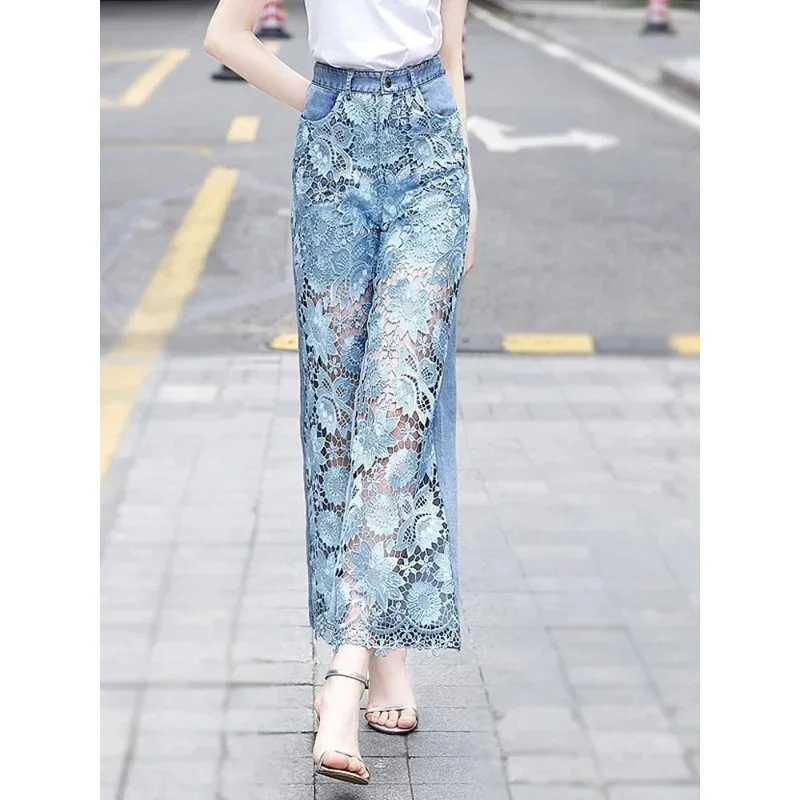 

High Waist Pantalones De Mujer Lace Patchwork Hollow Out Fashion Elegant Jeans for Women All Match Casual Loose Summer Pants
