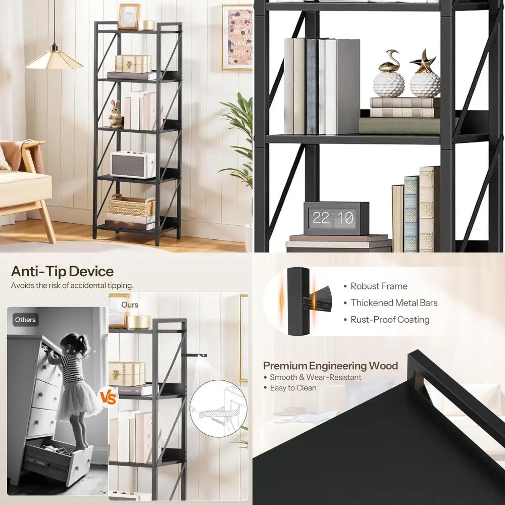 

5-Tier Metal Frame Bookcase for Storage, Suitable for Living Room, Bedroom, Home Office, and Kitchen in Black