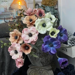 SunMade New Luxury Classical 3 Heads Anemone Branch Fake Flowers Home Wedding Decoration Fall Decor Blue Flores Artificiales