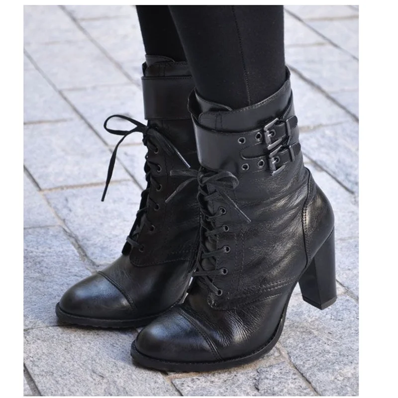 

Black Lace Up Buckle Mid Calf Boots Chunky Heel Pointed Toe Fashion Sexy Cool 2025 Summer Big Size Woman Shoes Zapatillas Mujer