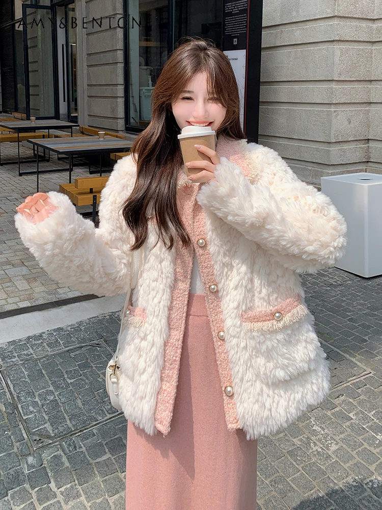 

2025 Autumn Winter New Korean Style Gentle Women's Off-White Pink Color Block Lapel Single-Breasted Lamb Wool Coat